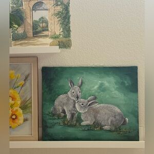 Rabbits on Emerald Green Background Original on Canvas